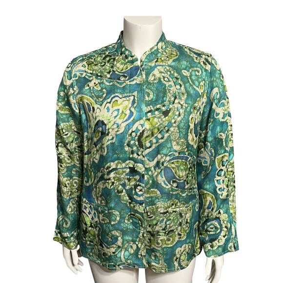 ⭐️Laura Ashley Green Paisley Print Silk Linen Blend Lightweight Jacket Sz-Large - Picture 1 of 10